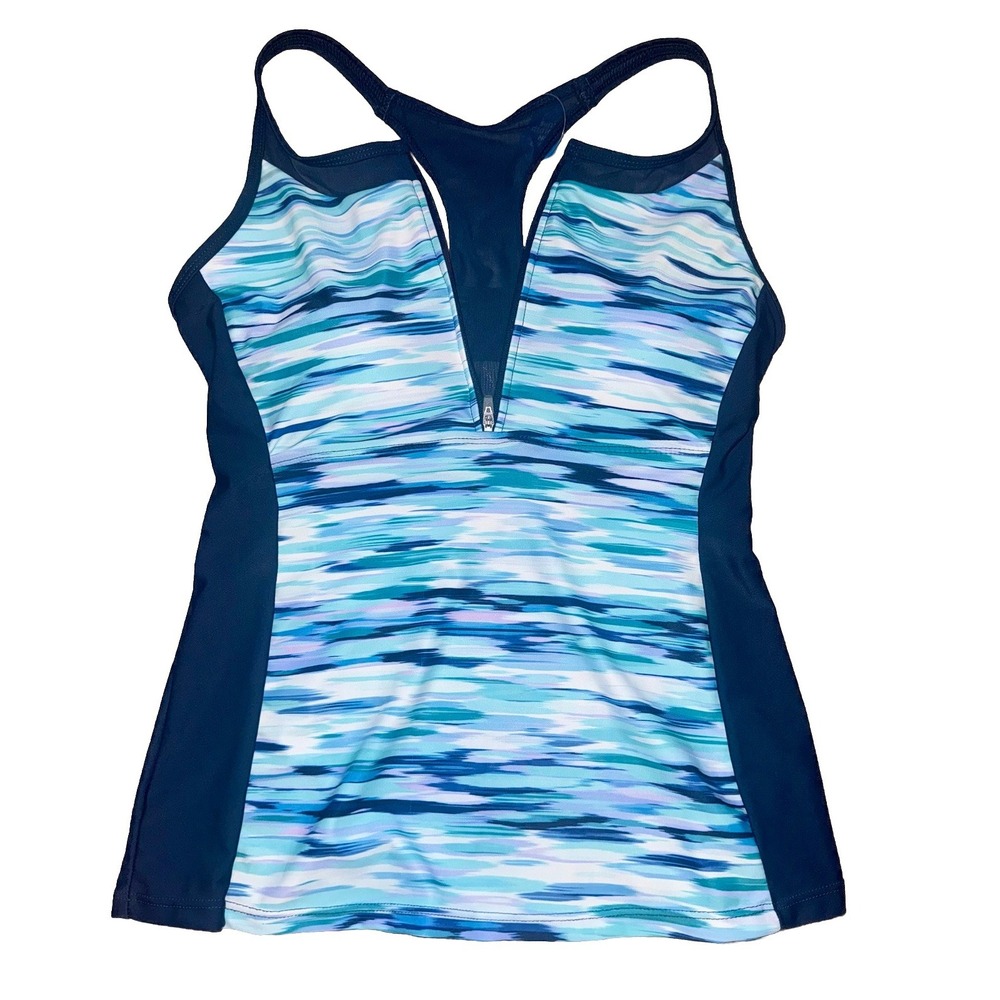 Free Country Women's Mesh Zip-Up Racerback Swimsuit Top only navy size small 4-6